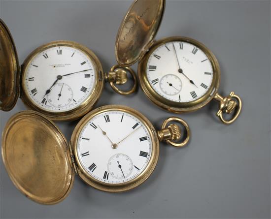 Three gold plated keyless hunter pocket watches.